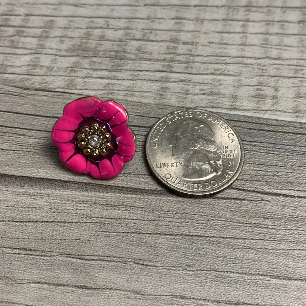 Pink Enamel Flower Stud Earrings Gold Tone Rhinestone Floral Poppy 3798